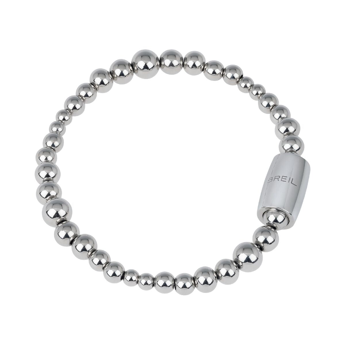 Elegante Breil armband voor dames met zilveren bollen en merklogo.