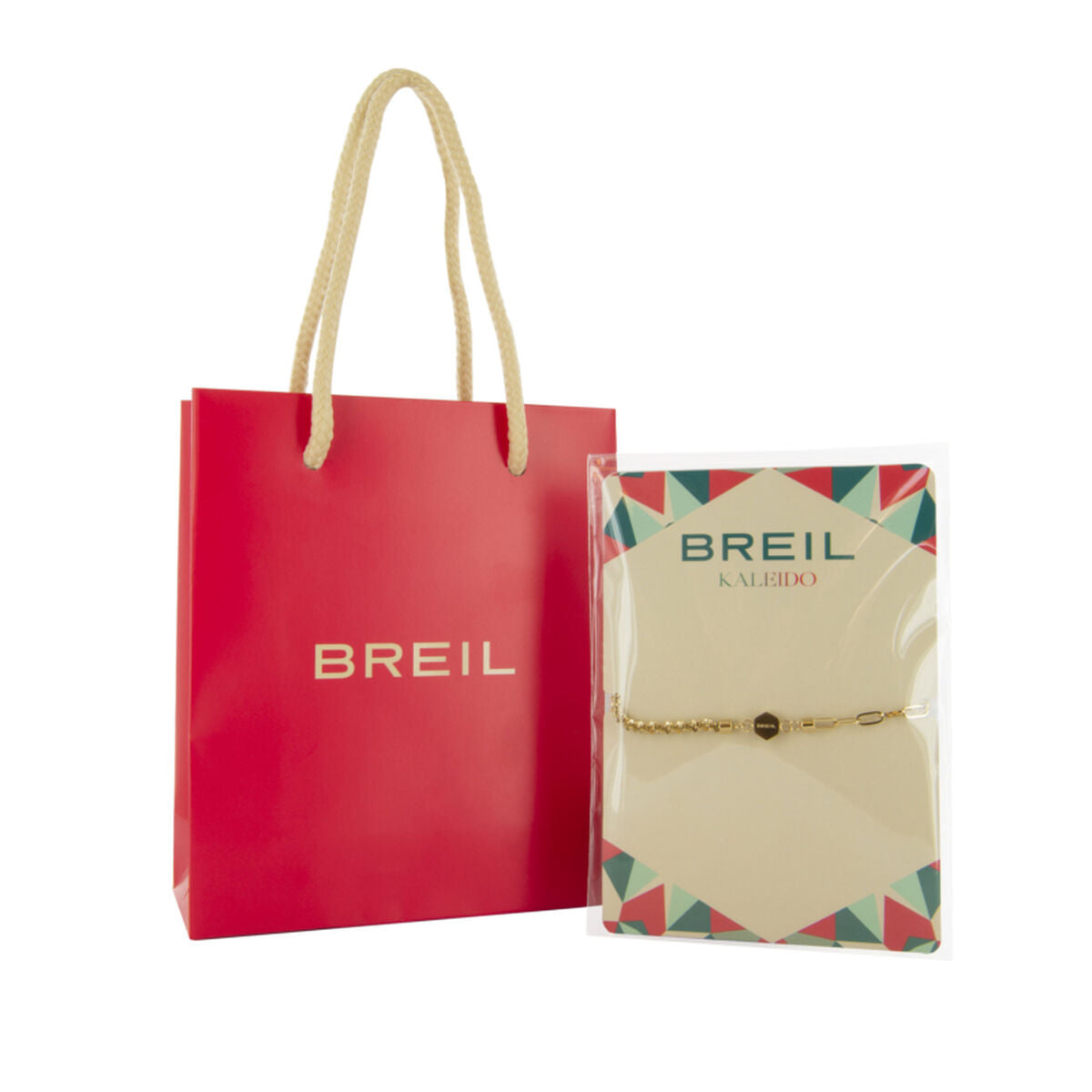 Detail van de Breil armband in groene tint, gepresenteerd met merkverpakking.