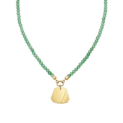 Groene Breil ketting met gouden sluiting en twee hangers, detailweergave.