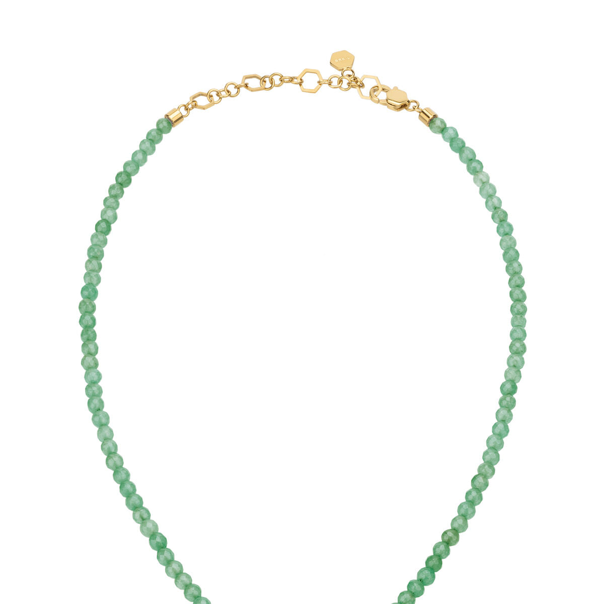 Detail van de Breil TJ3152 ketting met groene kralen en gouden sluiting.