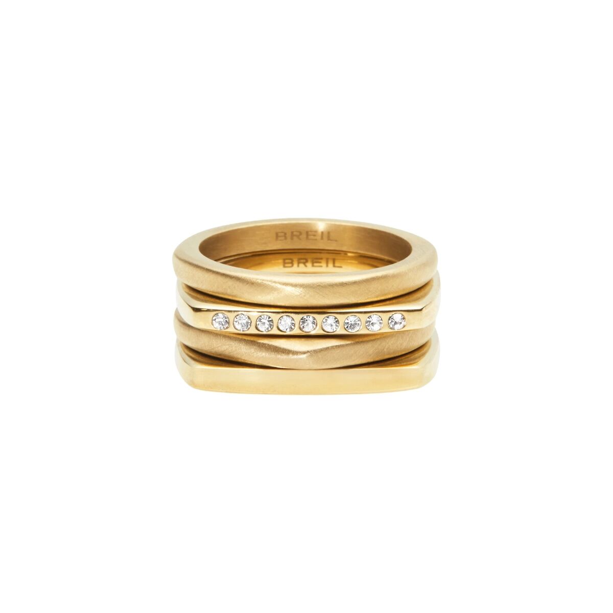 Gouden Breil ring voor dames met moderne, tijdloze uitstraling en glinsterende details.