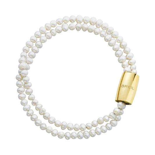 Elegante Breil armband voor dames met witte parels en gouden sluiting.