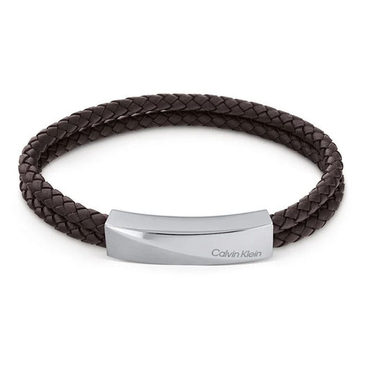 Calvin Klein damesarmband van bruin gevlochten leer met een zilveren sluiting.
