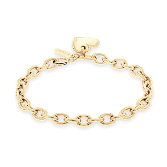 Gouden Calvin Klein armband voor dames, elegant schakelontwerp met hartvormige sluiting.