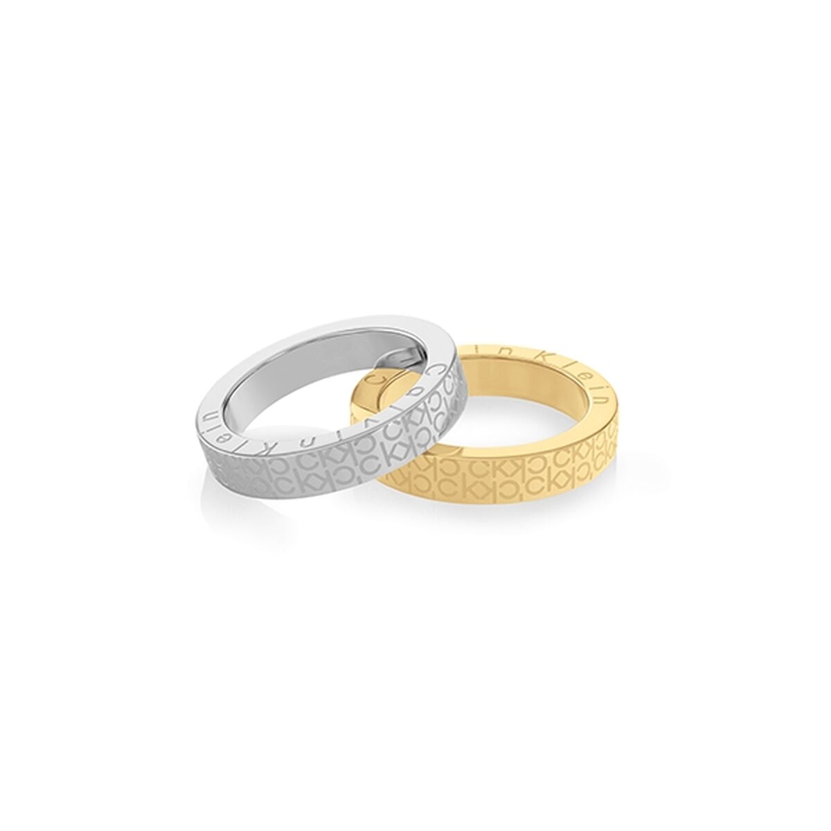 Tijdloze Calvin Klein ring voor dames in zilver en goud, met merkopdruk.
