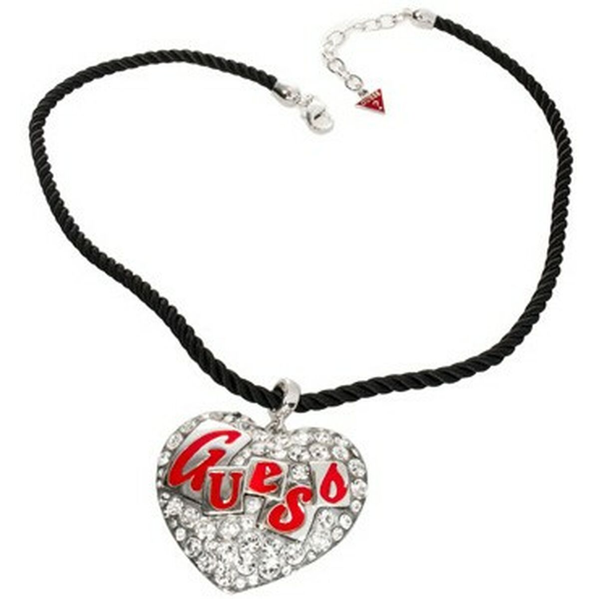 Zijaanzicht van de Guess ketting met een hartvormige hanger en strass-steentjes.