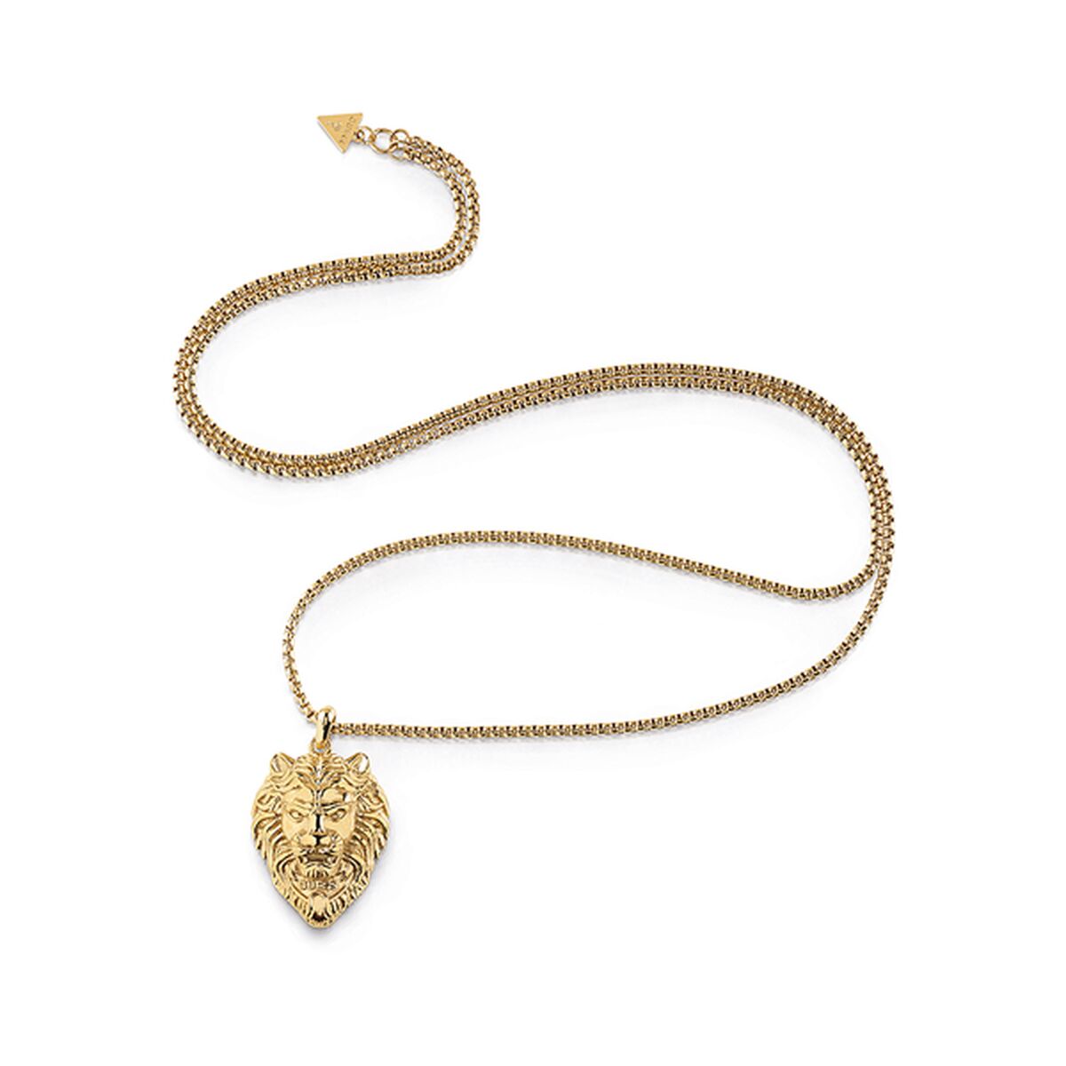 Gouden Guess ketting met leeuwenkop hanger, elegant detail in het ontwerp.