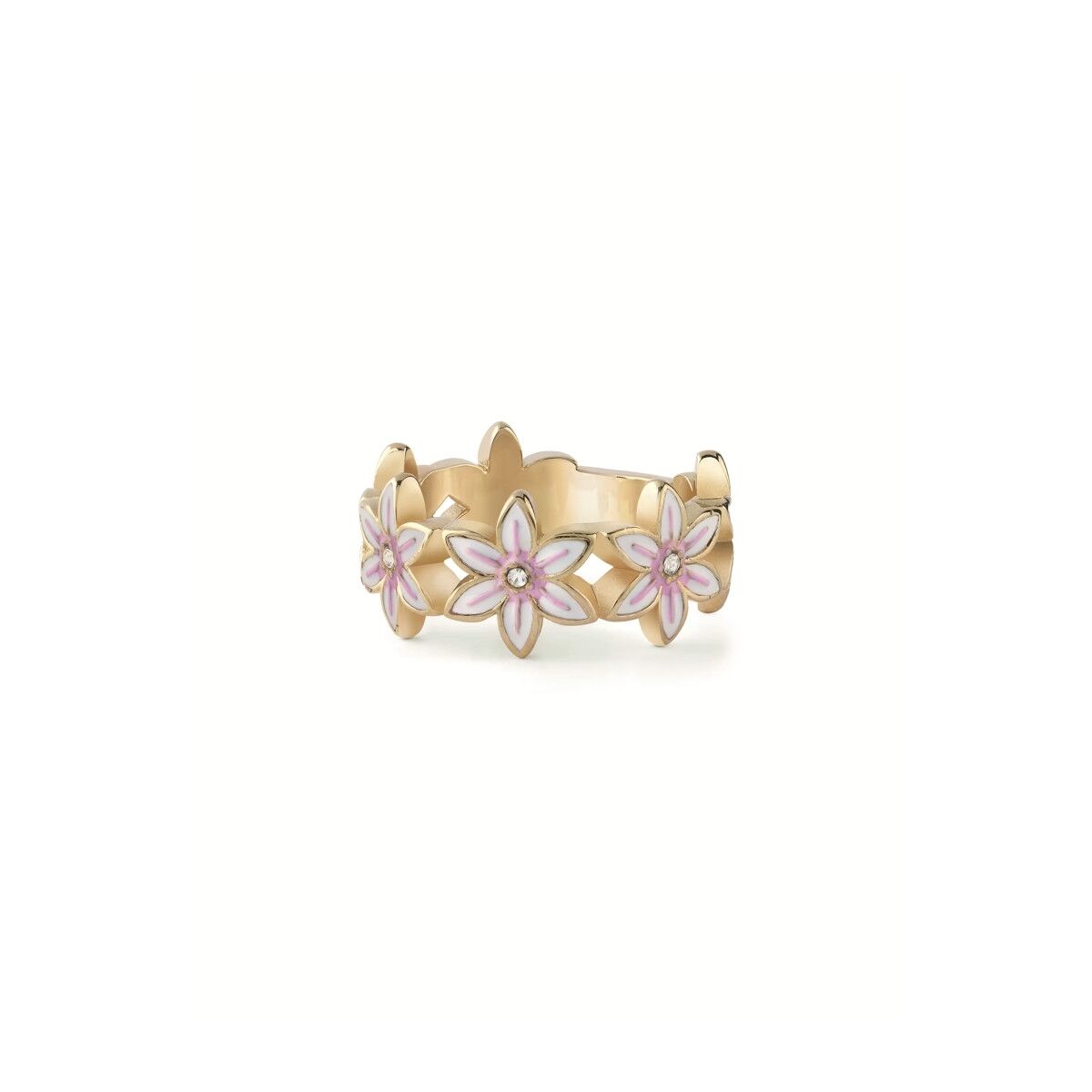 Gouden Guess ring met bloemmotief en roze details, elegant en stijlvol.