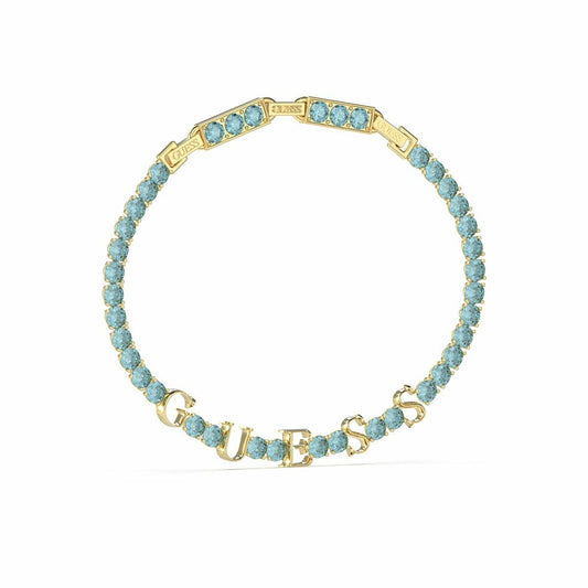 Gouden Guess armband met blauwe stenen en logo, elegant ontwerp voor dames.