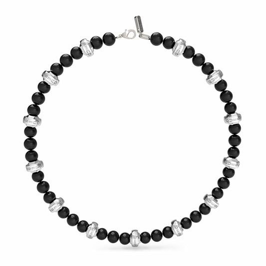 Zilveren Guess armband met zwarte kralen, elegant en tijdloos design.