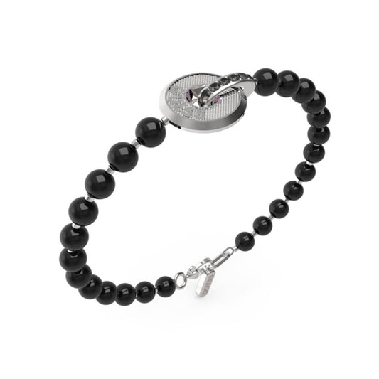 Zwarte Guess armband voor dames met elegante luxe uitstraling en zilveren sluiting.
