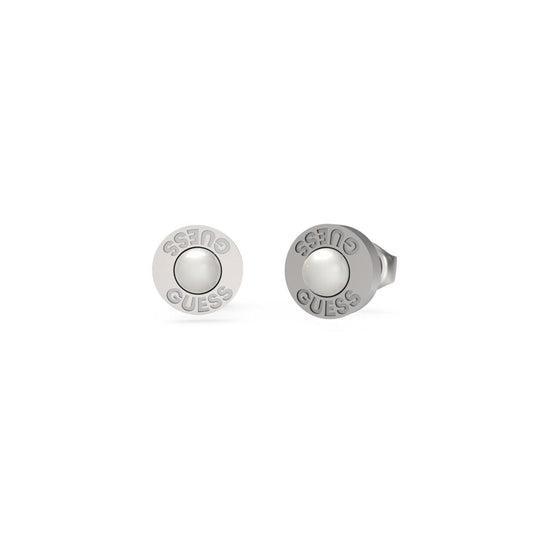 Zilveren Guess oorbellen met elegante afwerking en logo, vooraanzicht.