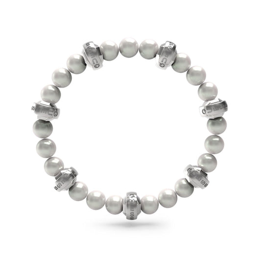 Elegante Guess armband voor dames in wit met glanzende parels en metalen details.