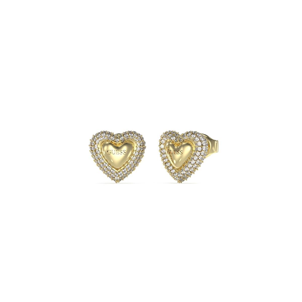 Gouden Guess oorbellen in hartvorm met sprankelende details en elegante afwerking.