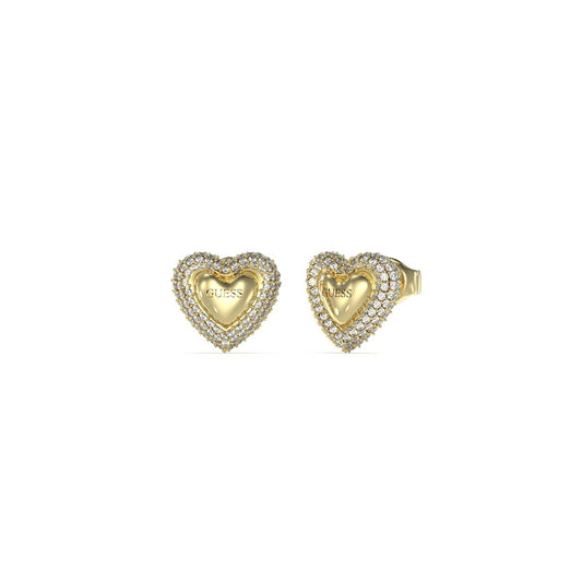 Gouden Guess oorbellen in hartvorm met sprankelende details en elegante afwerking.