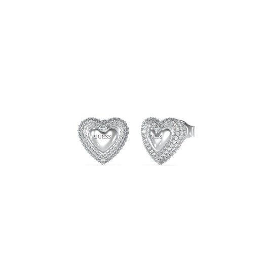 Zilverkleurige Guess oorbellen in hartvorm, versierd met strass-steentjes.