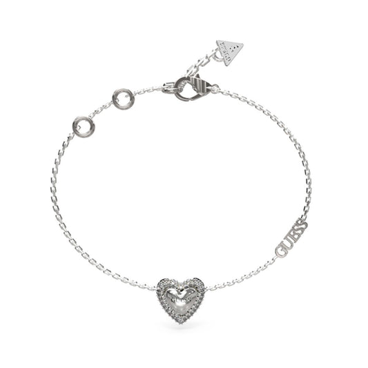Zilverkleurige Guess armband voor dames met hartvormige hanger en merklogo.