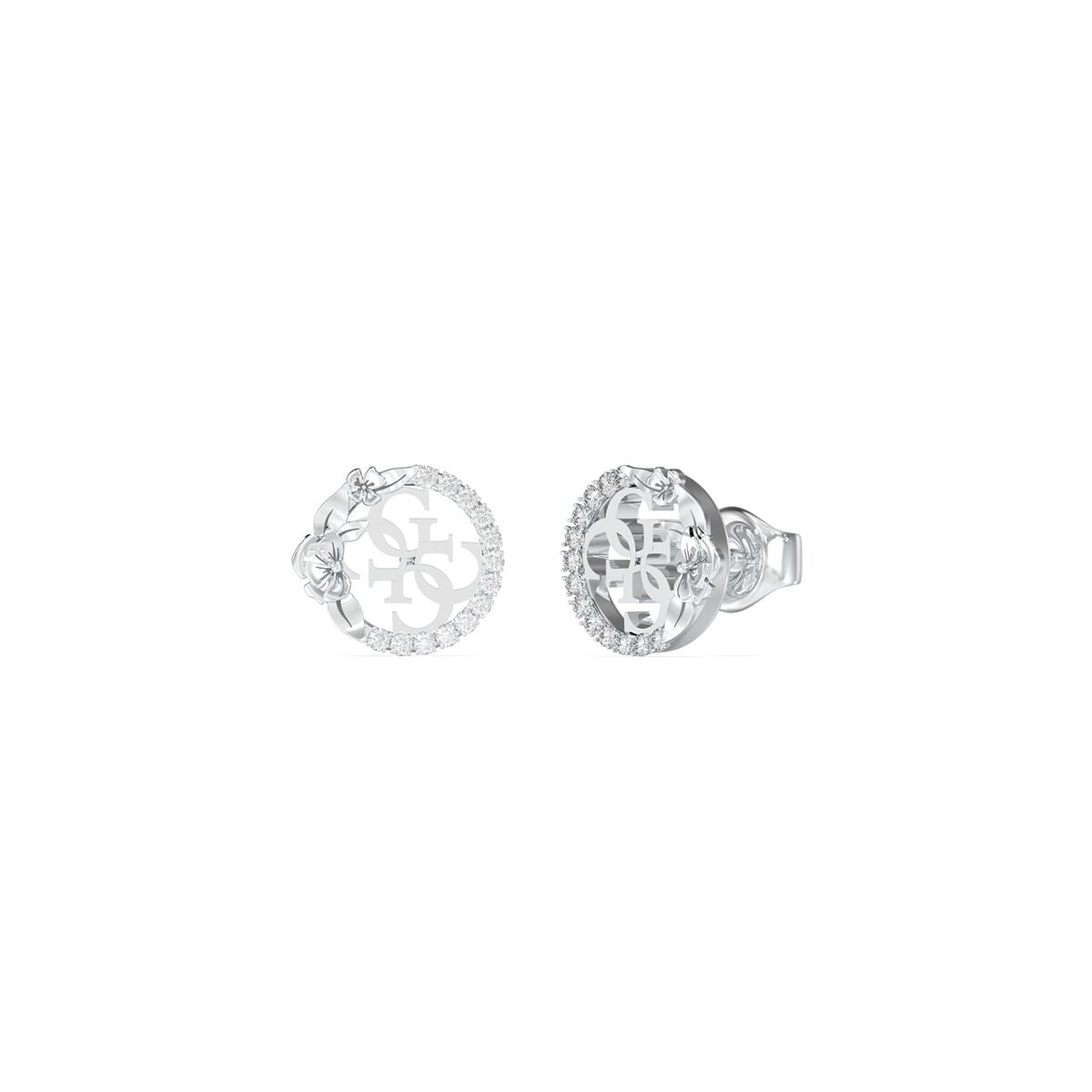 Zilverkleurige Guess oorbellen met elegante ronde vorm en sprankelende details.