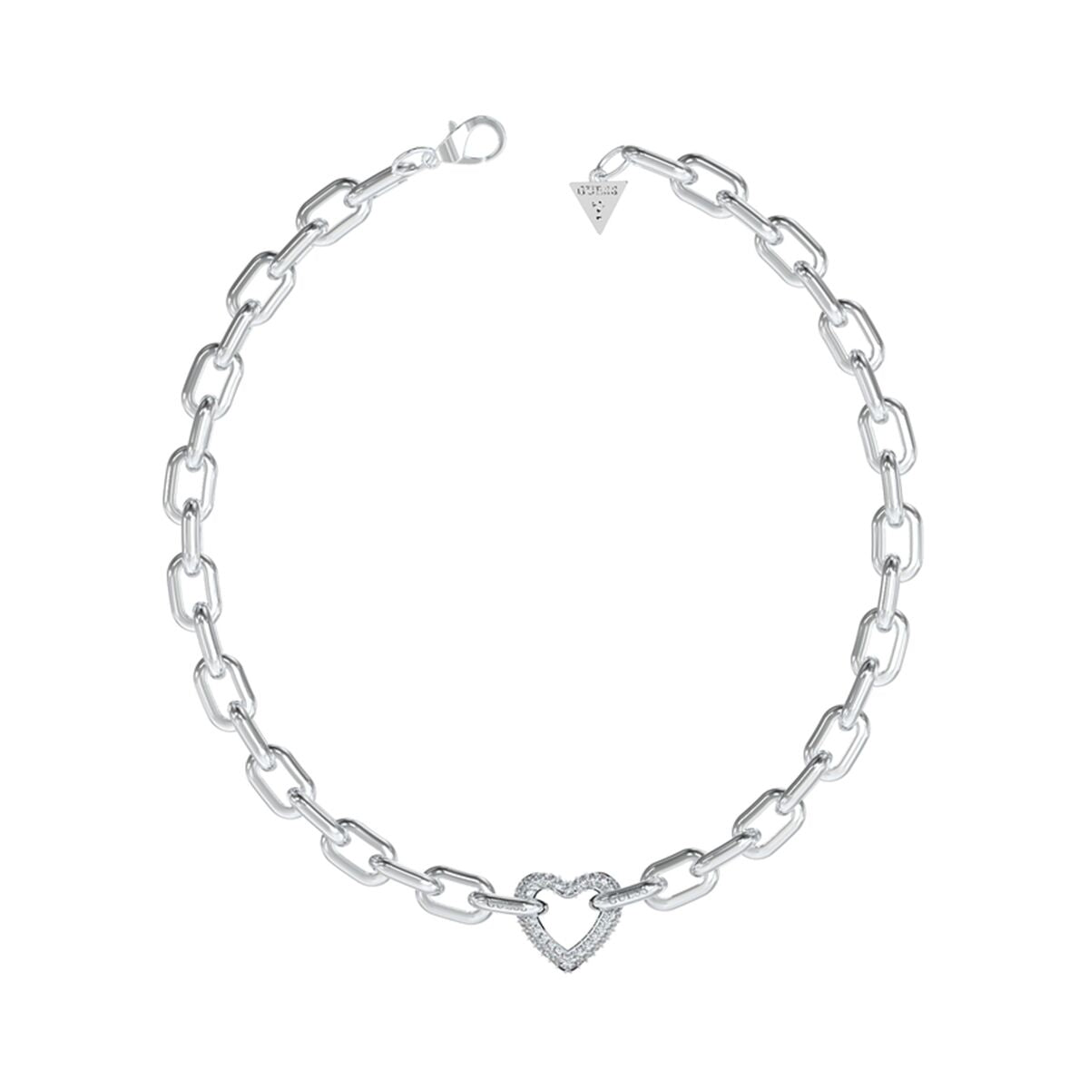 Zilverkleurige Guess armband met hartvormige hanger en schakelontwerp.