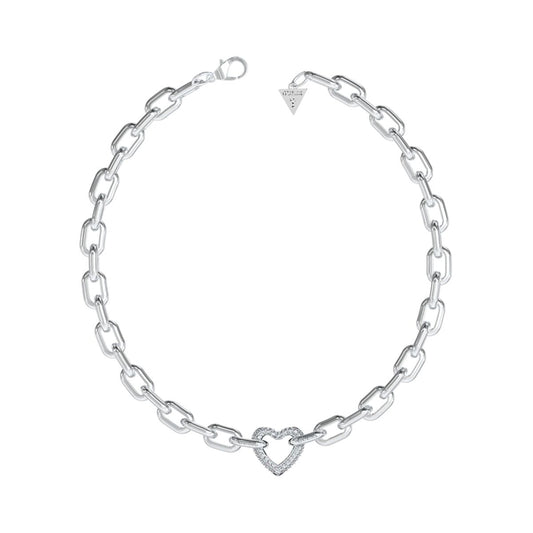 Zilverkleurige Guess armband met hartvormige hanger en schakelontwerp.