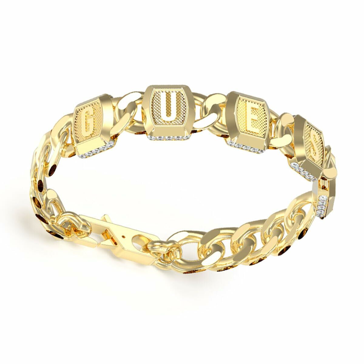 Gouden Guess armband voor dames met elegante schakels en logo-details.