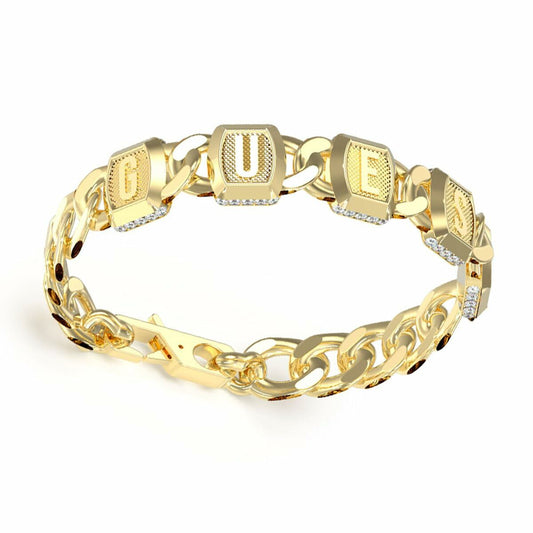 Gouden Guess armband voor dames met elegante schakels en logo-details.