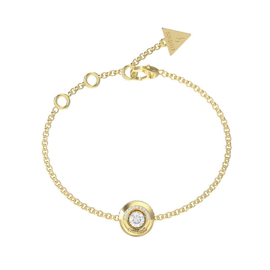 Gouden Guess armband voor dames met elegante schakel en strass-steen in het midden.