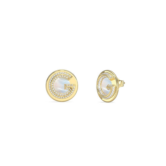 Gouden Guess oorbellen met elegante afwerking en parelmoer detail.
