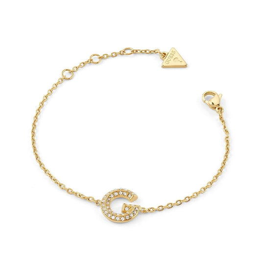 Gouden Guess armband voor dames met sprankelende details en een elegante G-hanger.