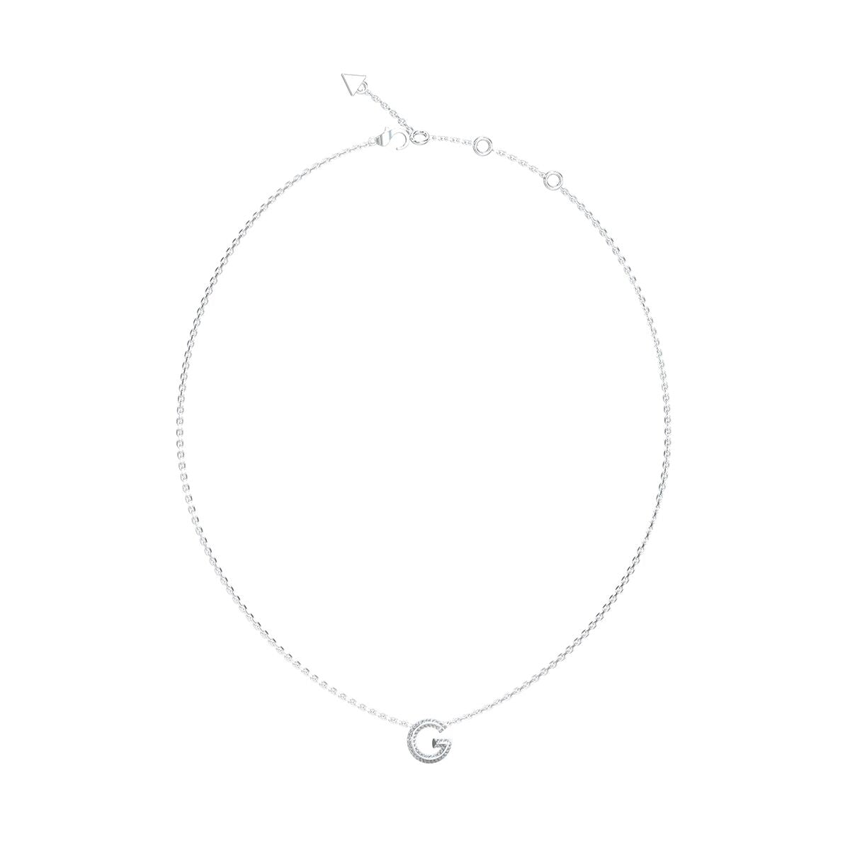 Zilverkleurige Guess ketting met elegant ontwerp en G-logo, vooraanzicht.