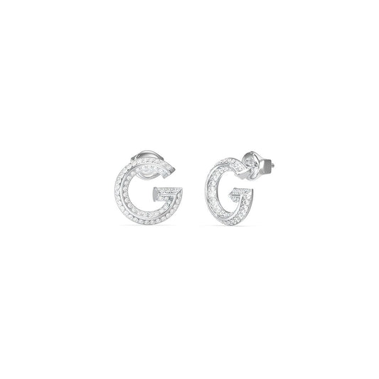 Zilverkleurige Guess oorbellen met elegant G-logo, perfect voor elke gelegenheid.