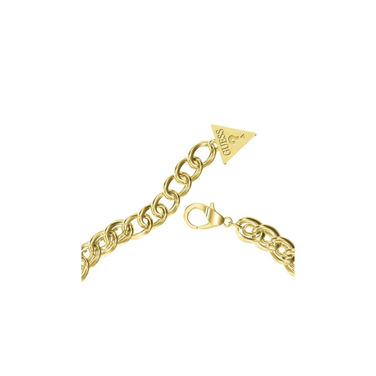 Detail van de gouden Guess armband met sluiting en merklogo.
