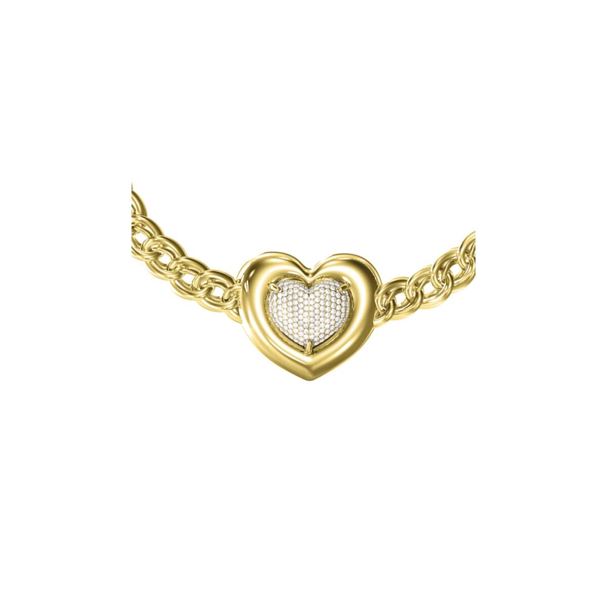 Detail van de Guess armband met een gouden hart en sprankelende stenen.