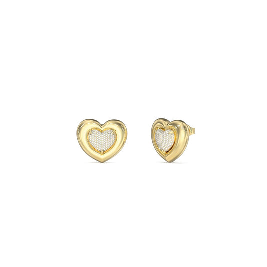 Gouden Guess oorbellen in hartvorm met sprankelende details, elegant en stijlvol.