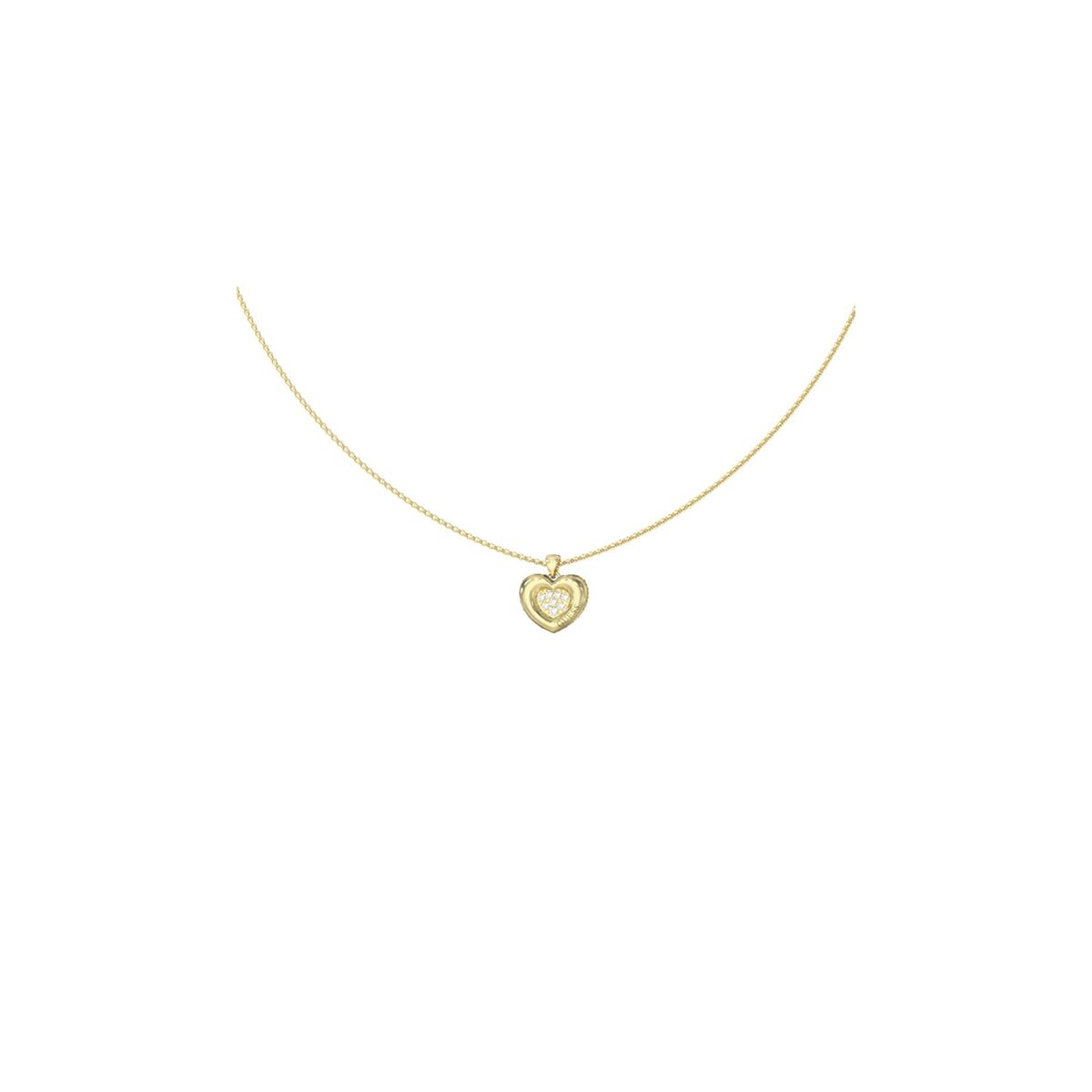 Detail van de Guess ketting met een gouden hartvormige hanger en sprankelende accenten.