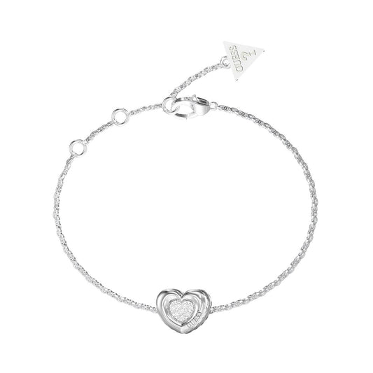 Zilverkleurige Guess armband met hartvormige hanger en sprankelende details.