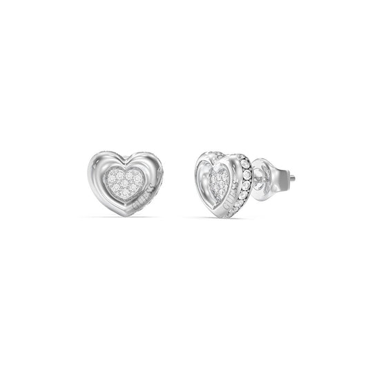 Zilverkleurige Guess oorbellen in hartvorm met sprankelende details.