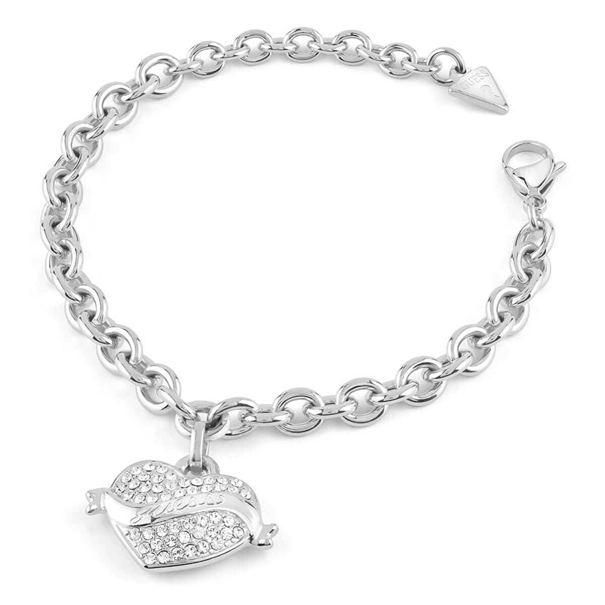 Zilveren Guess armband met een hartvormige hanger en sprankelende details.