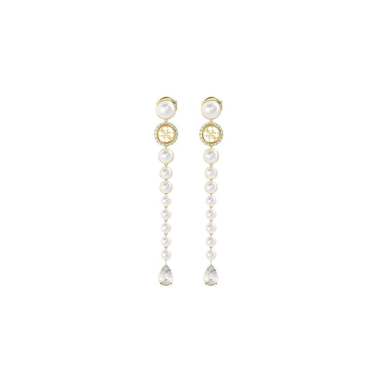 Witte en gouden Guess oorbellen met elegante hangers en pareldetails.