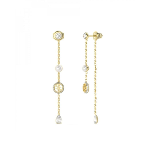 Gouden Guess oorbellen met parels en sprankelende stenen in een elegant ontwerp.