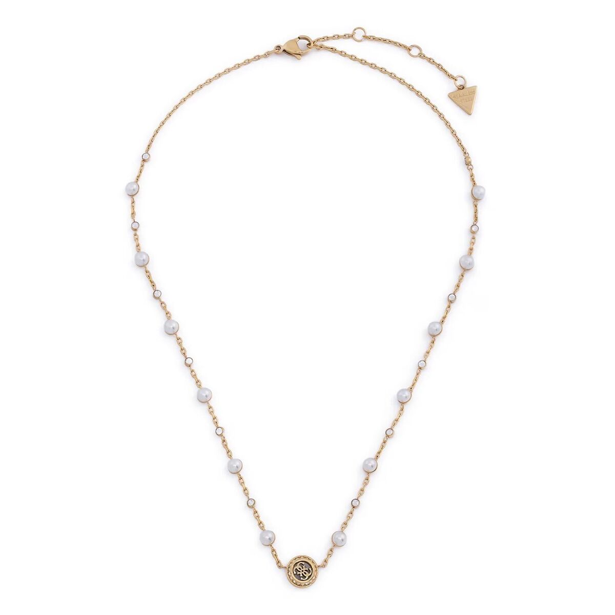 Elegante Guess damesketting met gouden schakels en witte parels.