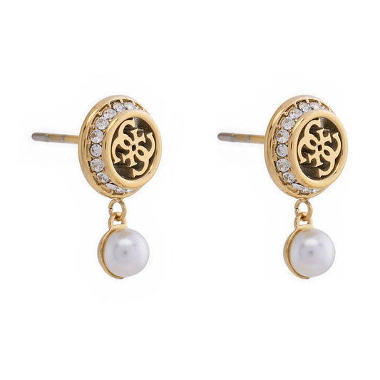 Gouden Guess oorbellen met parel en strass, elegant en tijdloos ontwerp.