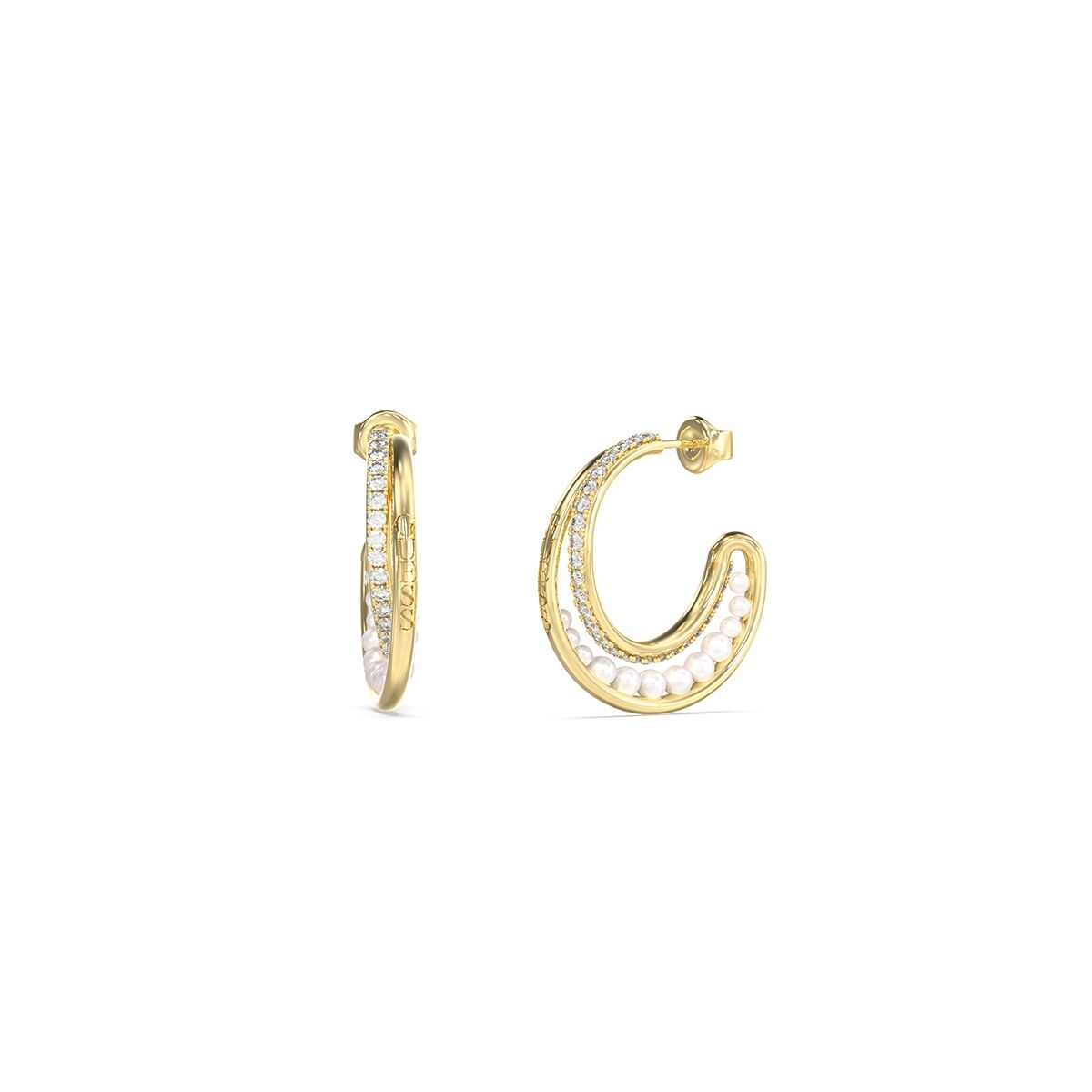Gouden Guess oorbellen met elegant design en sprankelende details.