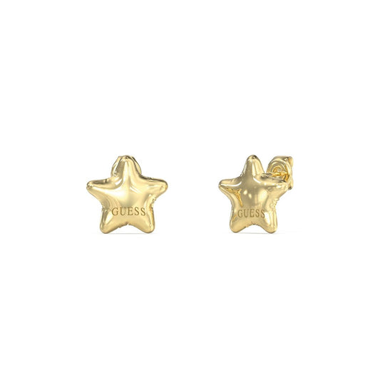 Gouden Guess oorbellen in stervorm met luxe afwerking en merklogo.