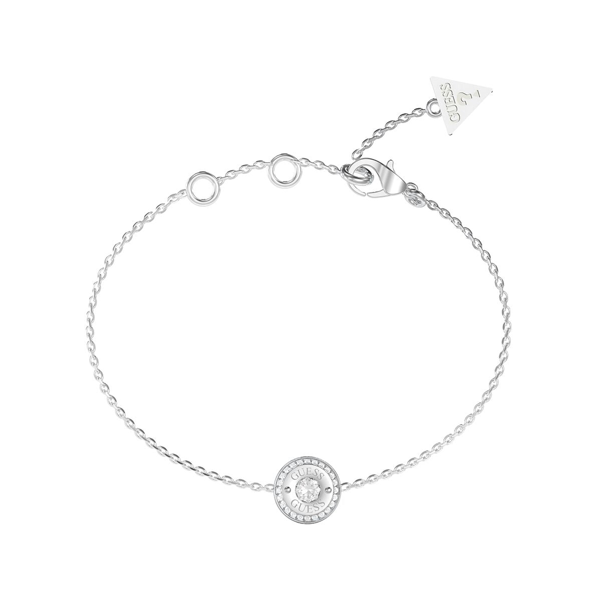 Zilverkleurige Guess armband voor dames met elegante ronde hanger en sluiting.