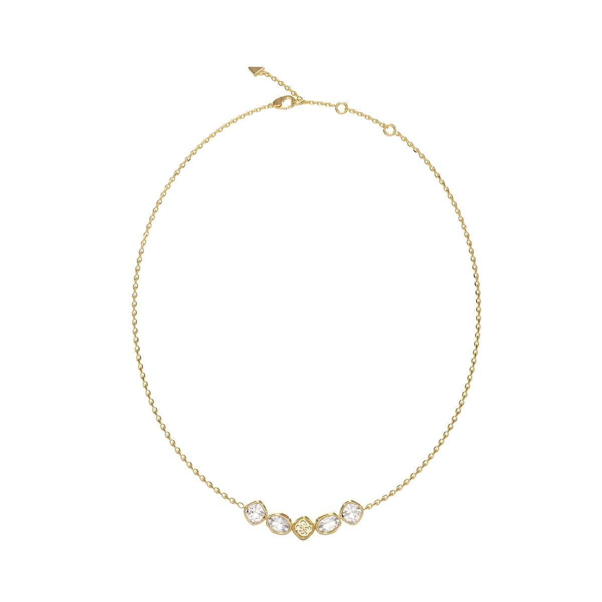 Stijlvolle gouden Guess ketting met vijf glinsterende stenen, elegant ontwerp.