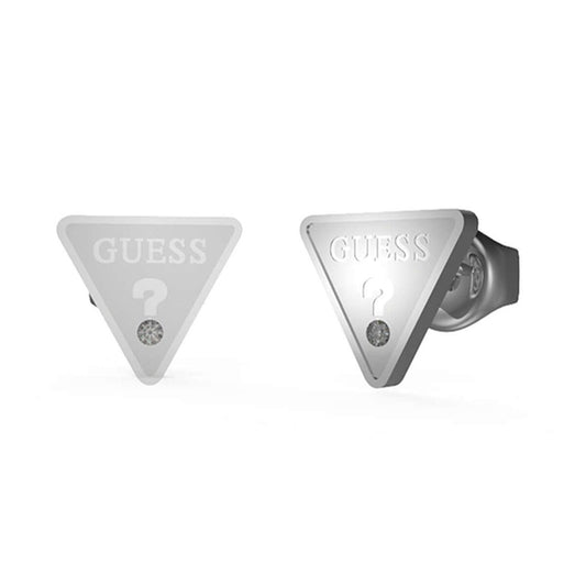 Zilveren Guess oorbellen met elegant driehoekig ontwerp en strass-steentje.