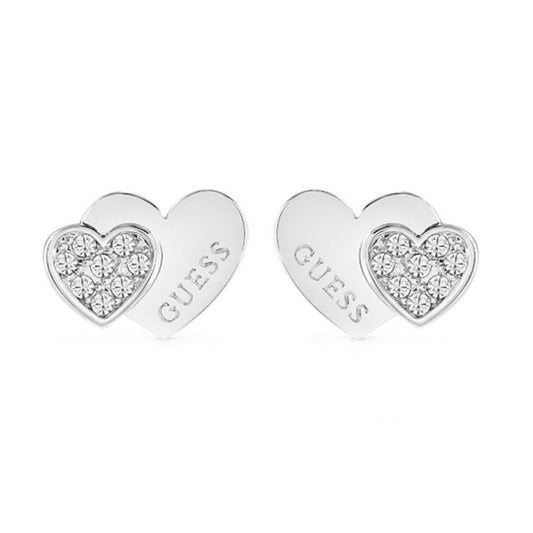 Elegante Guess oorbellen met hartvorm en glinsterende steentjes.