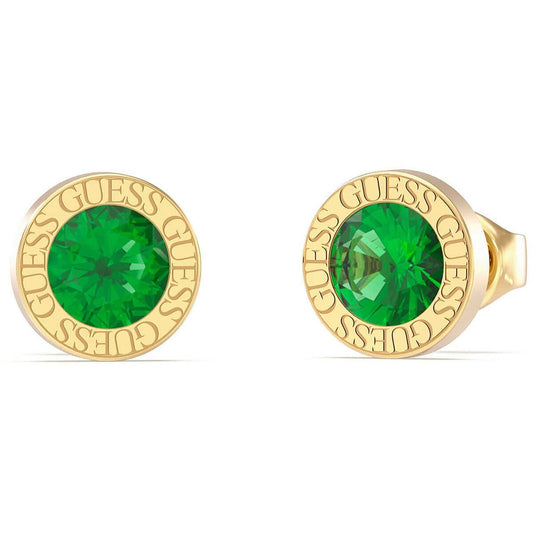 Gouden Guess oorbellen met groene stenen, elegant en duurzaam ontwerp.