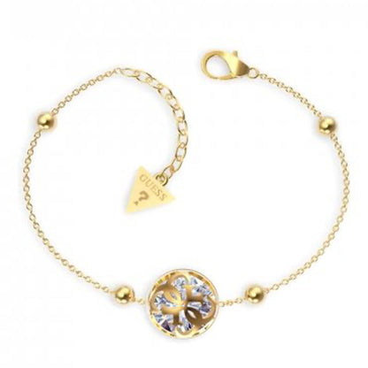 Detail van de Guess armband JUBB01394JWYGS met gouden schakels en een opvallende ronde hanger.